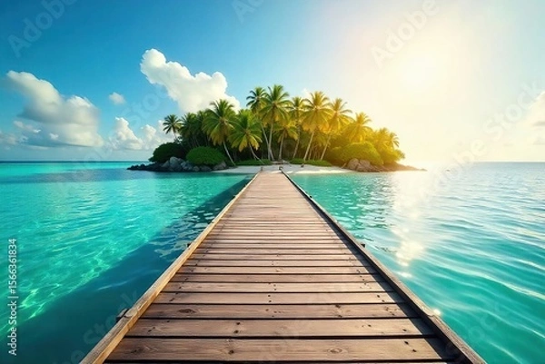 Fototapeta Serene Island Dock at Golden Hour Calm Turquoise Waters Beckon for Relaxation and Travel Imagery