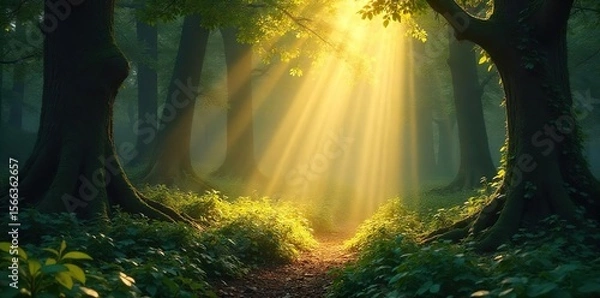 Fototapeta Sunbeams Illuminate Mystical Forest Golden Light Dapples Leaves, Creating a Magical Atmosphere Perfect for Fantasy and Nature Themes