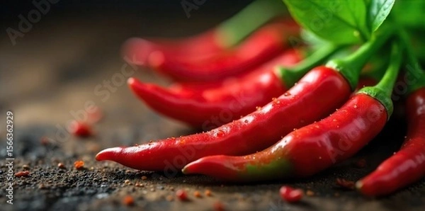 Fototapeta Vibrant red organic chili peppers, freshly harvested, glistening with dew, ready for cooking or pickling A healthy and flavorful ingredient for culinary creations , fresh, cooking