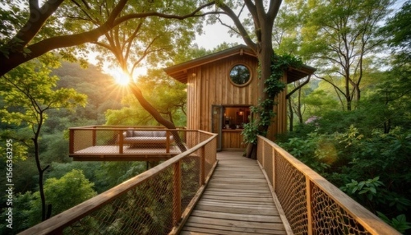 Fototapeta A cozy treehouse nestled in the woods during sunset with a wooden pathway leading to it