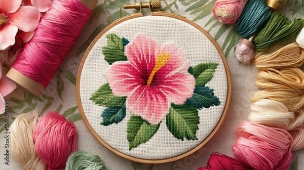 Fototapeta Embroidery hoop with floral design surrounded by colorful threads.
