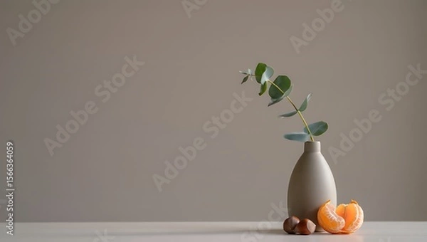 Fototapeta Minimalist Still Life: Eucalyptus Sprig in Grey Vase with Mandarin and Chestnuts on Neutral Background