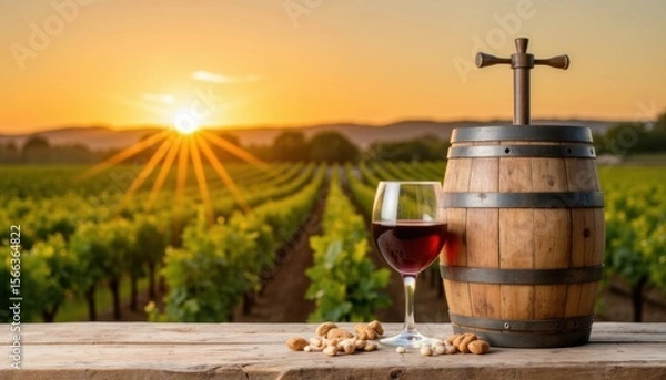 Fototapeta Enjoying fine red wine at sunset next to a barrel in a vineyard with rows of grapevines in the background