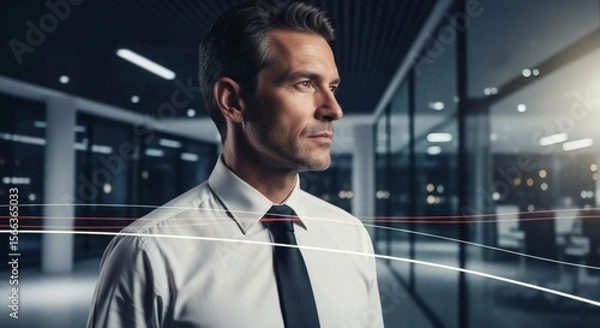 Fototapeta Thoughtful Businessman in Modern Office Setting