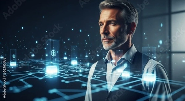 Fototapeta Thoughtful Man Amidst Futuristic Digital Network Interface