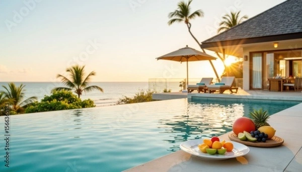Fototapeta Luxurious poolside setting at sunset with fresh fruits and ocean view in tropical paradise