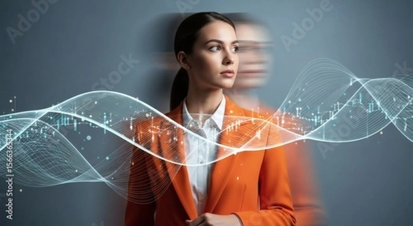 Fototapeta Thoughtful Woman with Abstract Data Waves, Digital Transformation Concept