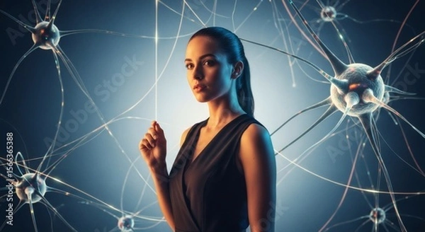 Fototapeta Woman and Neural Network:  Conceptual Image of AI, Neuroscience, and the Future