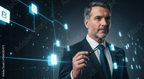 Fototapeta Confident Businessman Interacting with Futuristic Digital Interface