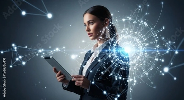 Fototapeta Confident Businesswoman Using Tablet with Digital Network Overlay