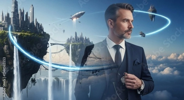 Fototapeta Futuristic Businessman in a Surreal Floating Cityscape