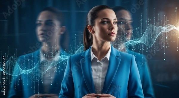 Fototapeta Confident Businesswoman with Digital Data Overlay