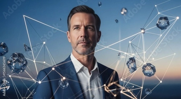 Fototapeta Confident Businessman in a Network of Connections