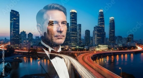 Fototapeta Confident Man Double Exposure Over Cityscape at Night