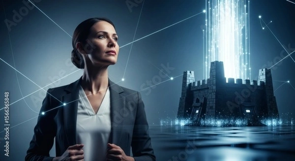 Fototapeta Confident Businesswoman Facing Digital Fortress, Futuristic Technology Concept