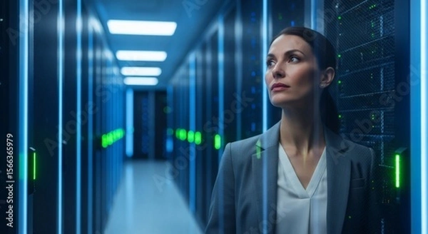 Fototapeta Thoughtful Woman in Modern Data Center Server Room