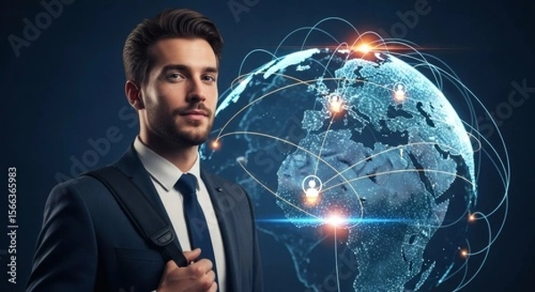 Fototapeta Confident Businessman with Global Network Connection