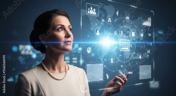 Fototapeta Woman Interacting with Futuristic Holographic Interface