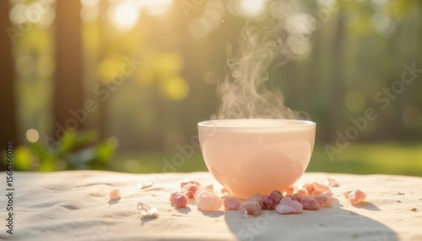 Fototapeta Steam rises from a bowl of hot water surrounded by crystals in a serene outdoor setting during golden hour