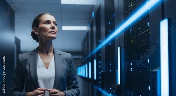 Fototapeta Thoughtful Businesswoman in Modern Data Center