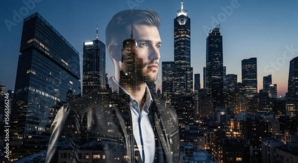 Fototapeta Ambitious Man Overlapping Cityscape at Dusk