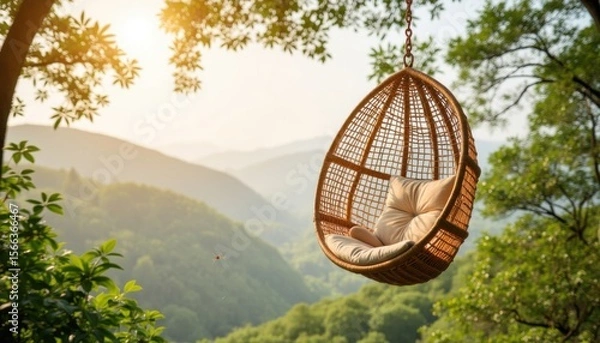 Fototapeta Serene hanging chair in a tranquil mountain setting during sunrise