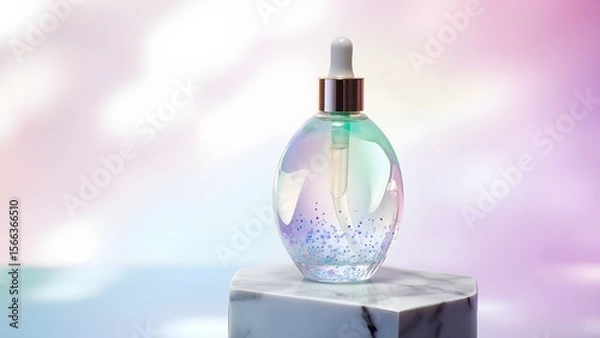 Fototapeta Pastel Dropper Bottle with Sparkles on a Pedestal

