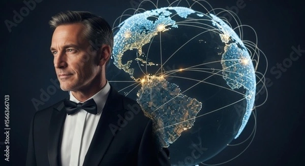 Fototapeta Global Businessman: Sophisticated Portrait with Connected World
