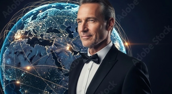 Fototapeta Global Businessman: Sophisticated Portrait with World Map and Network Connections