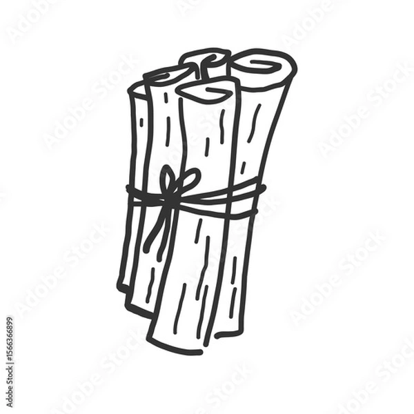 Obraz Bunch of cinnamon sticks, bark brown spice hand drawn. Sketch with rolled cinnamons. Spicy seasoning, condiment aromatic ingredient for cooking, backing. Illustration on isolated background.
