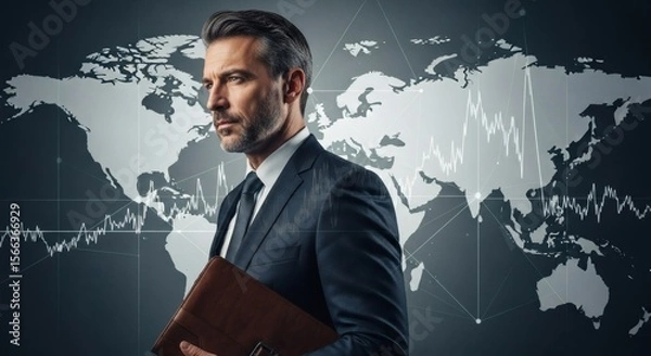Fototapeta Confident Businessman Against World Map Background with Financial Charts