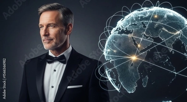 Fototapeta Global Businessman: Sophisticated Portrait with Networked World