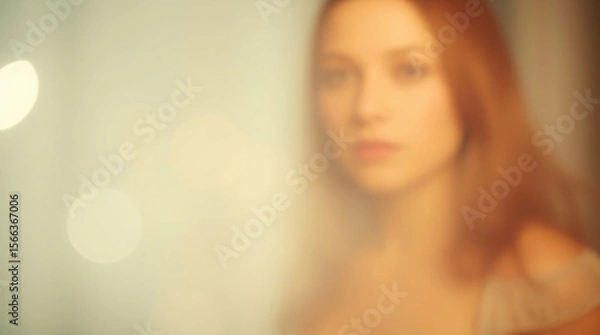 Fototapeta Portrait of a woman with soft focus and blurred background, creating a serene ambiance.