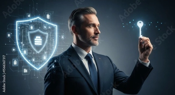 Fototapeta Businessman Holding Digital Key to Cybersecurity Protection
