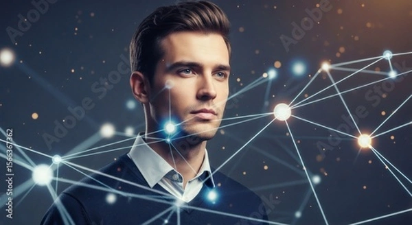 Fototapeta Man Contemplating Futuristic Network Connection