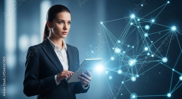 Fototapeta Confident Businesswoman Using Tablet with Digital Network Hologram