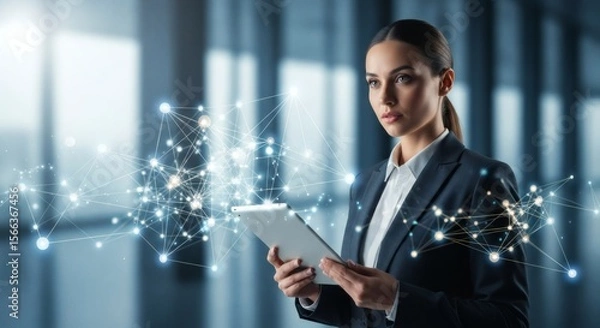 Fototapeta Confident Businesswoman Using Tablet with Network Graphic Overlay
