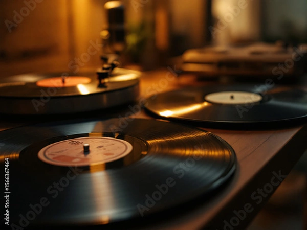 Fototapeta Close-up of vinyl records on a shelf, evoking a warm, nostalgic atmosphere.