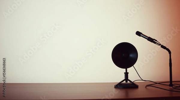 Fototapeta A vintage microphone on a stand positioned on a desk in a studio setting.