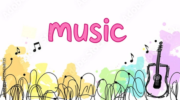 Fototapeta Colorful and artistic illustration featuring music notes and a guitar.