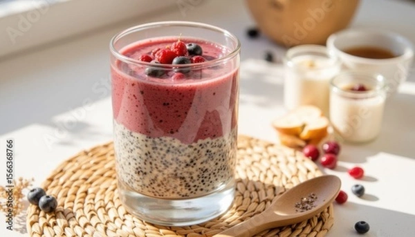 Fototapeta Delicious layered smoothie bowl with chia seeds and fresh berries on a sunny kitchen table in the morning