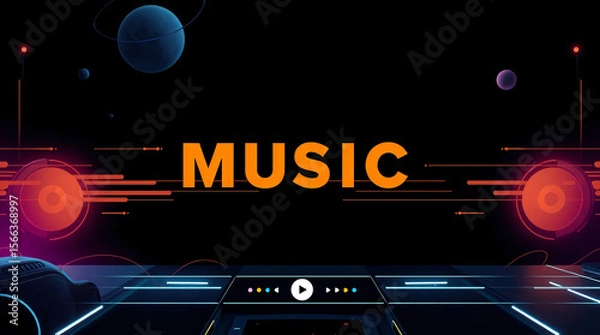 Fototapeta A vibrant digital background with neon lights and the word "MUSIC" in bold.