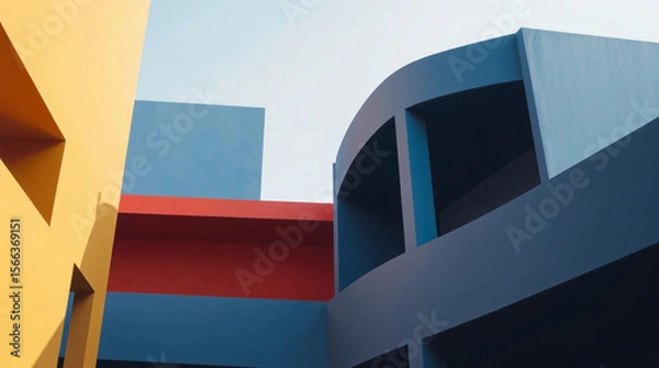 Fototapeta Modern architecture with vibrant colors and geometric lines creating a dynamic urban scene.
