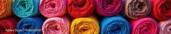Fototapeta Vibrant, tightly bound bales of colorful fabric stacked high, creating a visually stunning texture and color explosion Perfect for textile, craft, and design projects , background, detail, silk