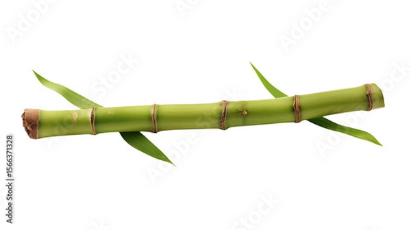 Fototapeta Single piece of green bamboo stem with leaves  isolated on transparent background
