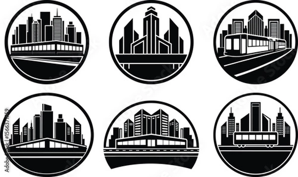 Obraz Vector art of six vector illustrations of city skylines with trams, isolated on a transparent background