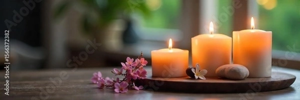 Fototapeta Calming Jasmine Candles Create a Tranquil Spa Atmosphere Perfect for Relaxation, Aromatherapy, and Wellness