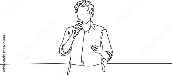 Fototapeta continuous line drawing of a figure speaking into a microphone with one hand gesturing in modern black and white style