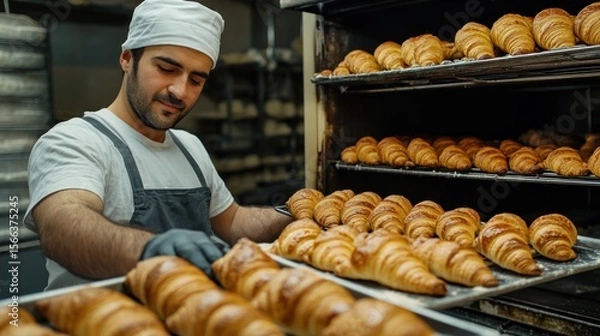 Fototapeta Baker arranging croissants in a bakery