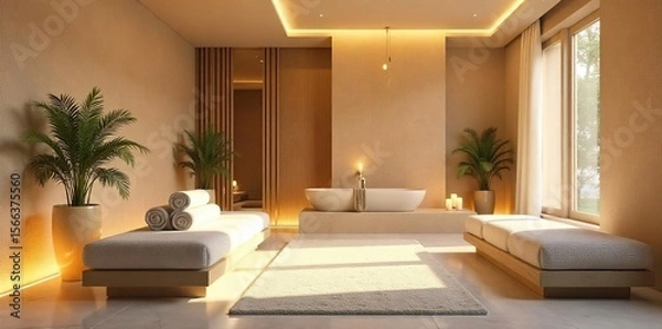 Fototapeta Serene Spa Interior Soft Lighting, Natural Textures, and Minimalist Design Enhance Relaxation and Tranquility, Ideal for Wellness, Beauty, and Skincare Branding.